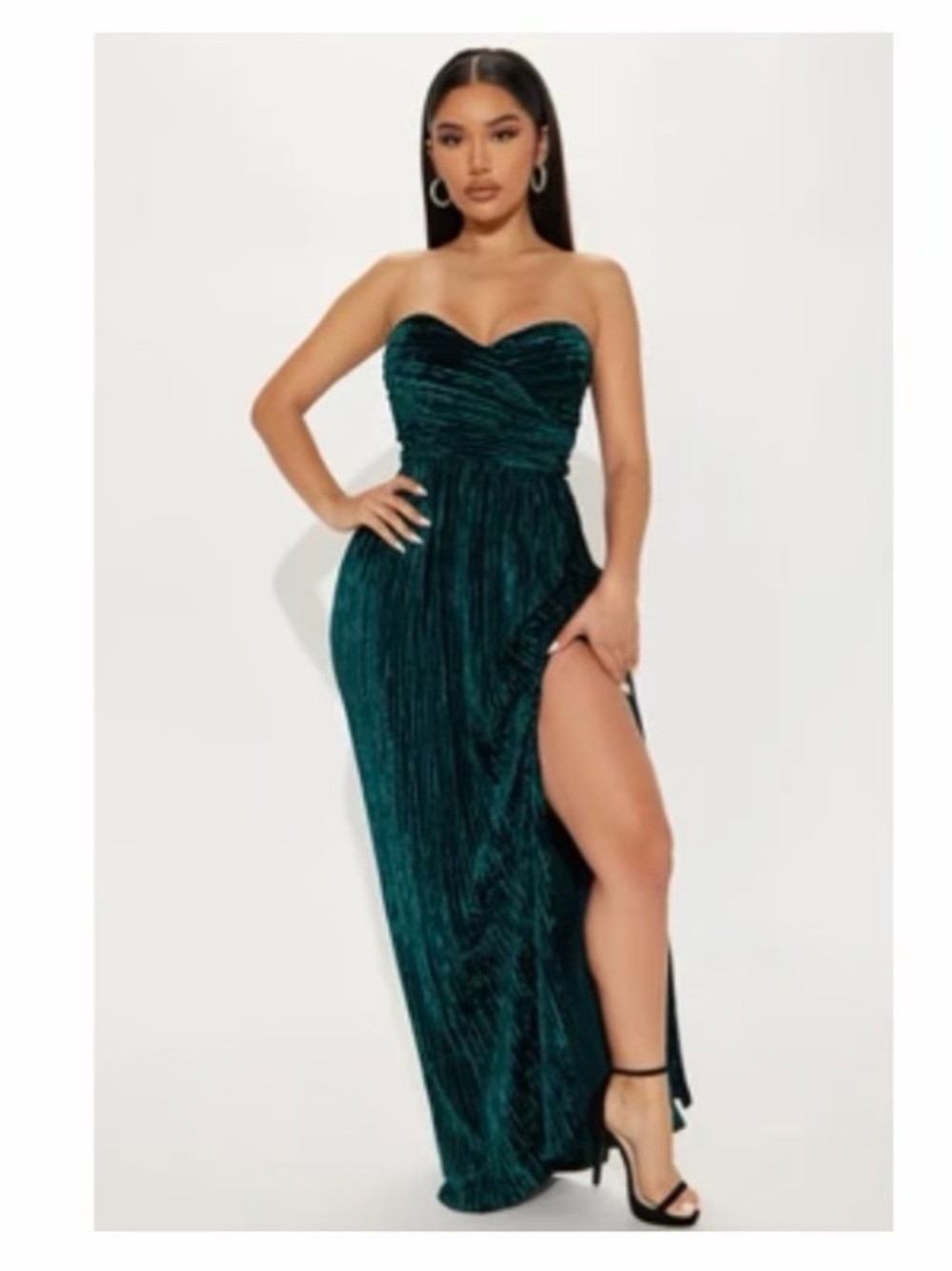 Strapless Plissé Velvet Maxi Dress in Hunter Green